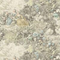 Landhaustapete mit Toile de Jouy-Szenen, Hauptfarben Blau und Beige