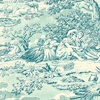 Detailansicht franzoesischer Baumwollstoff mit Toile de Jouy-Szenen: DELPHINE TOILE BLEU