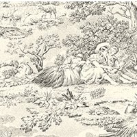 Detailansicht franzoesischer Baumwollstoff mit Toile de Jouy-Szenen: DELPHINE TOILE NOIR