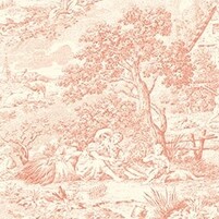 Detailansicht franzoesischer Baumwollstoff mit Toile de Jouy-Szenen: DELPHINE TOILE ROSE