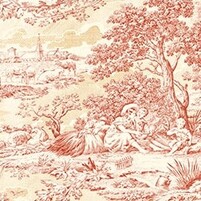 Detailansicht franzoesischer Baumwollstoff mit Toile de Jouy-Szenen: DELPHINE TOILE ROUGE