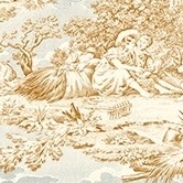 Detailansicht franzoesischer Baumwollstoff mit Toile de Jouy-Szenen: DELPHINE TOILE SEPIA/CIEL