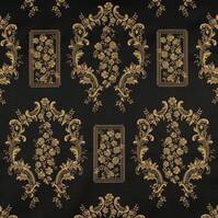 Detailansicht des Stoffes GAVET, Farbton DARK BEIGE ON BLACK (florale Ornamente im Rokokostil)