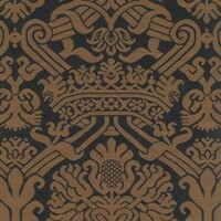 Detailansicht des Stoffes HUMPHREY, Farbton GOLD ON BLACK (Ornamente, an Kronen, Wappen, Szepter erinnernd)