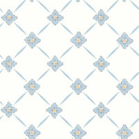 Tapete LINNE BLUE mit stilisiertem Trellismuster, inspiriert von der gustavianischen Zeit