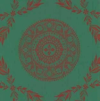 Detailansicht des Stoffes MARGERIE, Farbton  RED ON VIRIDIAN GREEN (Lorbeerzweige als Trellismuster)