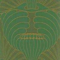 Detailansicht des Stoffes SENNA, Farbton ORANGE ON GREEN (Jugendstilmotiv mit opulenten, geschwungenen Ornamenten)