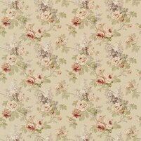 Detailansicht des floralen Leinenstoffes SORILLA, Farbtonkombination BISCUIT/CLARET, bei ARTE FRESCA