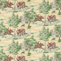 Tapete mit Szenen einer Fuchsjagd: TALLY HO, Farbkombination EVERGREEN/CRIMSON, bei ARTE FRESCA