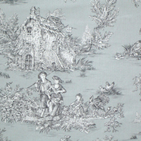 Landhausstoff mit Toile de Jouy Muster auf graublauem Untergrund