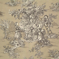 Landhausstoff im Toile de Jouy-Muster auf braunem Untergrund