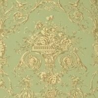Detailansicht des Stoffes VILLA BORGHESE UCELLI, Farbton ALMOND GREEN (Ornamente, Amphoren, Akanthusranken)