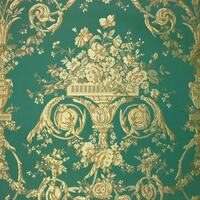 Detailansicht des Stoffes VILLA BORGHESE UCELLI, Farbton GREEN (Ornamente, Amphoren, Akanthusranken)