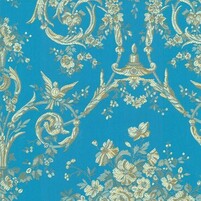 Detailansicht des Stoffes VILLA BORGHESE UCELLI, Farbton TURQUOISE (Ornamente, Amphoren, Akanthusranken)